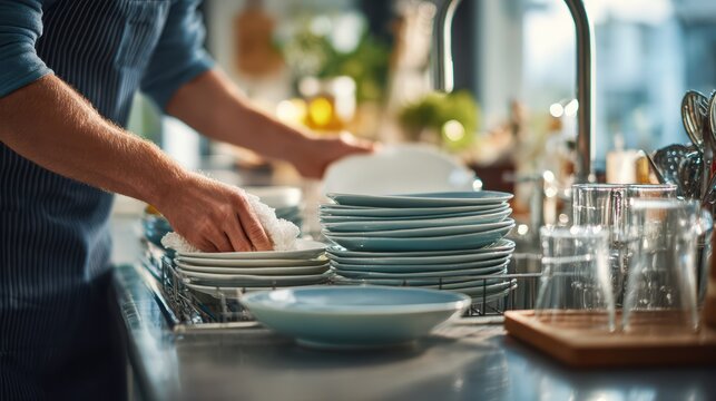 man washing dishes at sink, bright and clean kitchen, natural sunlight, realistic water and foam details