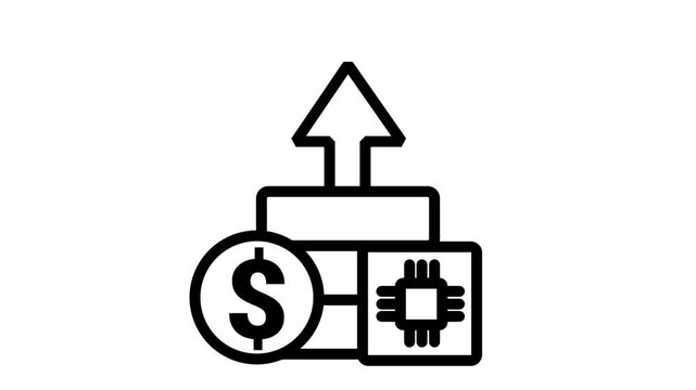 Fintech Growth Block Investment Icon. Animated line icon featuring a dollar coin alongside a microchip block beneath a rising arrow representing fintech development.