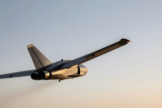 A modern stealth drone flies through the golden evening sky during a test flight.
