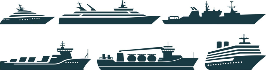 Cargo ship cruise liner luxury yacht navy vessel silhouette collection, marine transport vector graphic illustration elements © Puley