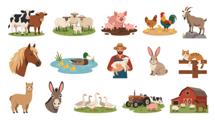 Fototapeta premium Flat Design Agriculture Farm Animals and Farming Elements Vector Collection Set