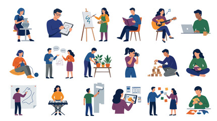 Fototapeta premium Diverse People Enjoying Hobbies Creative Activities - Flat Vector Illustration Set for Lifestyle