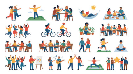 Fototapeta premium Flat Style Vector Illustrations of Diverse People Enjoying Outdoor Indoor Activities