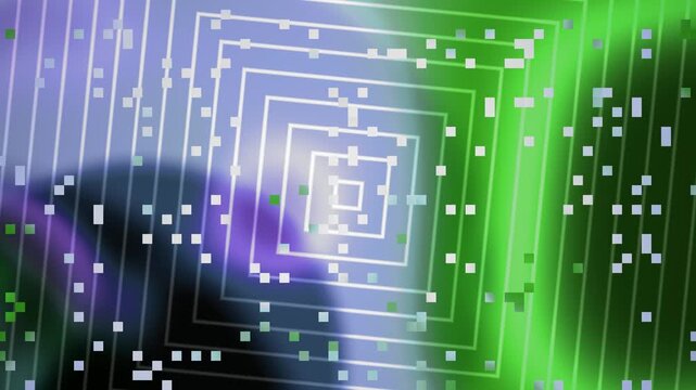 Concentric white squares receding on a pixelated gradient background with scattered glitches.
