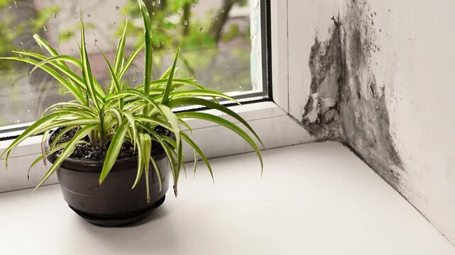 Damp wall reveals dark mold beside potted spider plant on windowsill. Fungal contamination damages surface from condensation and wet weather. Mold threatens health needing professional cleaning