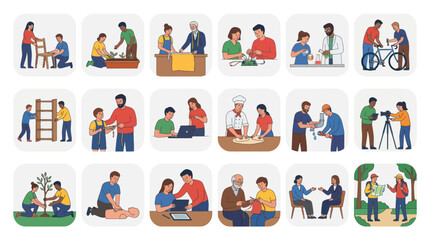 Fototapeta premium Flat Vector Illustrations of Diverse People Engaging in Professions, Learning, Hobbies, and Community