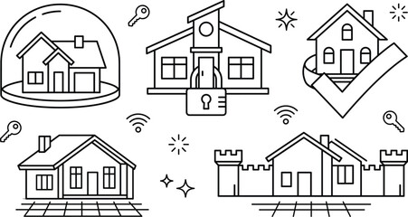 Smart home security real estate line icon set with protected house padlock key dome checkmark castle wall wifi © Hafizul