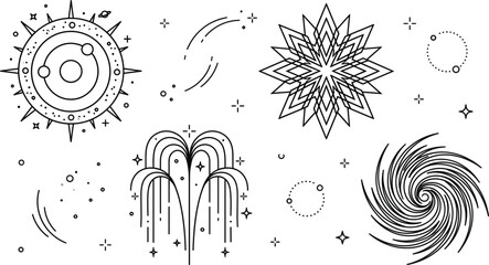 Space and astronomy vector icon set featuring sun galaxy orbit black hole stars geometric cosmic line art design © Hafizul