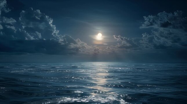 Full moon reflecting on dark ocean waves under night sky in cinematic slow panning shot for travel and wellness marketing