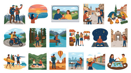 Naklejka premium Diverse Travel Activities and Vacation Concepts in Flat Design Vector Illustrations for Tourism and Leisure