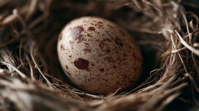 Single cuckoo egg lying in a nest belonging to a smaller bird.