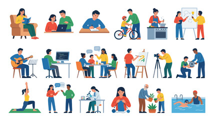 Fototapeta premium Flat Vector Illustration of People Engaged in Diverse Lifestyle, Hobbies, Education, and Work Activities