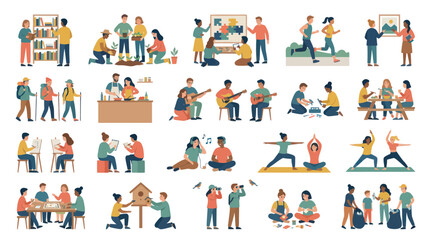 Fototapeta premium Flat Vector Art of Diverse People Enjoying Various Hobbies and Activities