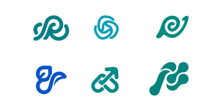 Set of six blue abstract geometric logos for corporate branding, technology networking, and modern business identity development