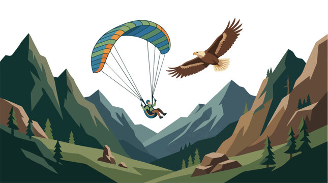 A paraglider soaring through the sky accompanied by a flying eagle.