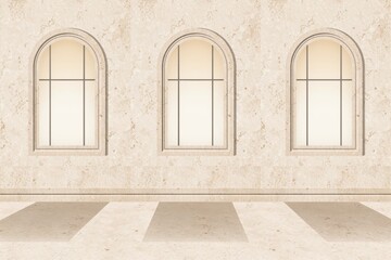 Fototapeta premium Three arched windows set into a light beige marble wall with a matching stone floor, creating a symmetrical architectural interior scene view
