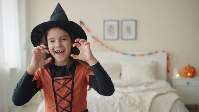 Young girl in witch costume playfully posing for halloween bedroom setting