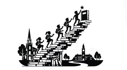 Obraz premium People climbing stairs to success, achievement concept with silhouettes