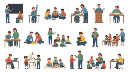 Fototapeta premium Flat Art Illustration of Diverse Children and Teachers in Educational Scenes