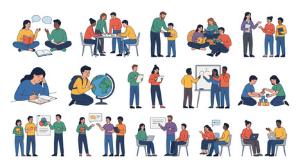 Fototapeta premium Education Learning People Flat Vector Icons Set, Teaching Students
