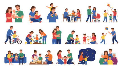 Fototapeta premium Family Life and Parenting Activities Flat Vector Illustration Set. Happy Parents, Children, and Grandparents Bonding Moments.