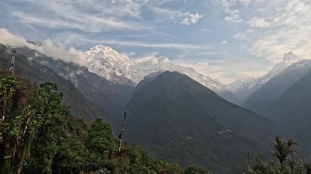 Annapurna South and Machhapuchhre rise above the Modi Khola valley, viewed from Chhomrong on the Annapurna Base Camp trek