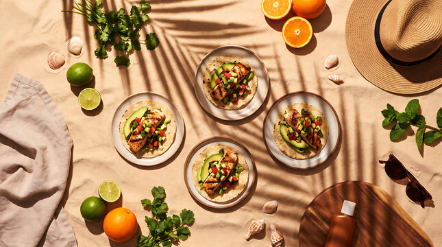 Four fish tacos with avocado and salsa styled for a summer beach scene photograph bright cilantro