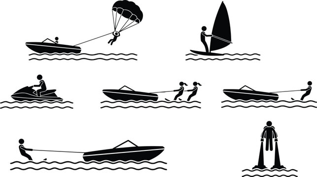 Water sports and extreme marine activities stick figure icon set featuring parasailing windsurfing jetski water skiing and flyboarding vector