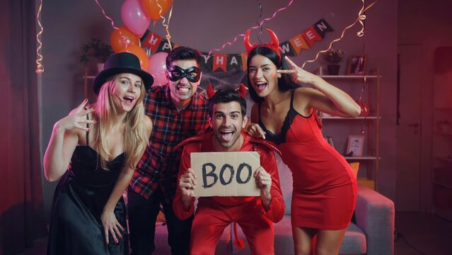Halloween party friends group portrait