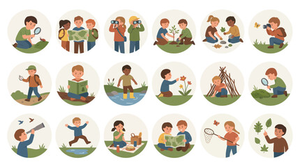 Fototapeta premium Children Outdoor Activities Nature Exploration Learning Vector Graphics Flat Style