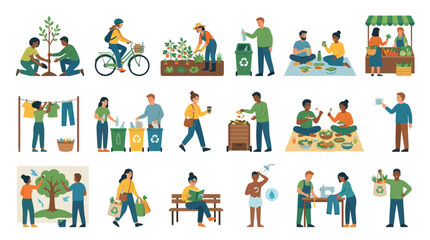 Fototapeta premium Eco-Friendly Sustainable Living Flat Vector Illustration. People Practicing Green Lifestyle and Environmental Care.