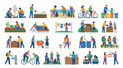 Fototapeta premium Flat Vector Illustrations of People Practicing Sustainable and Eco-Friendly Community Activities