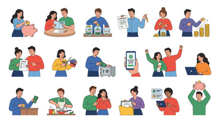 Fototapeta premium Flat Style Vector Icons of Finance and Saving Concepts - People with Piggy Bank, Money, Documents