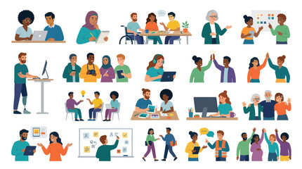 Fototapeta premium Flat Illustration of Diverse People Collaborating, Communicating, and Working in Business and Education.