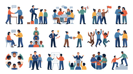 Fototapeta premium Flat Business Teamwork Leadership Communication Concepts Vector Illustrations Set