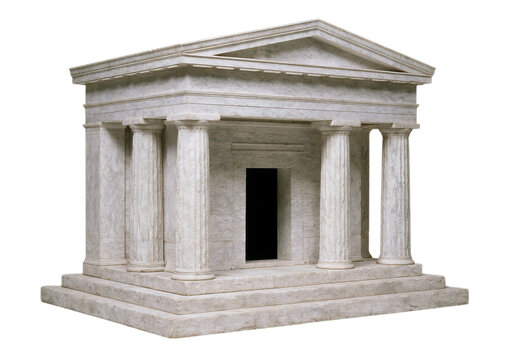Classical greek temple facade with columns and pediment, white marble structure, isolated on a transparent background
