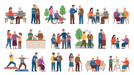Fototapeta premium Intergenerational Support Flat Vector Illustration Set for Senior Care. Young Adults Helping and Caring for Elderly People.