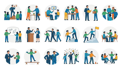 Fototapeta premium Business Teamwork Flat Vector Icons: Collaboration, Success, Strategy, Meeting, Leadership