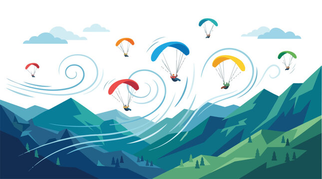 Group of colorful paragliders soaring over a scenic mountain range.