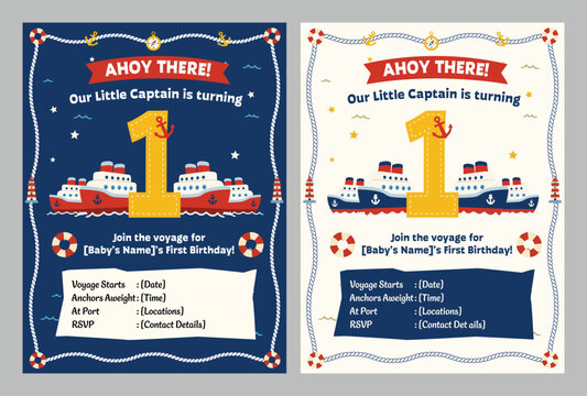 Nautical First Birthday Invitation Template with Little Captain Theme and Ships
