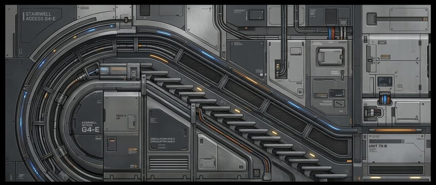 Detailed generative AI sci-fi interior background featuring an industrial curved stairwell, glowing lights, intricate metallic panels, and cables. Ideal for tech, gaming, and abstract design.