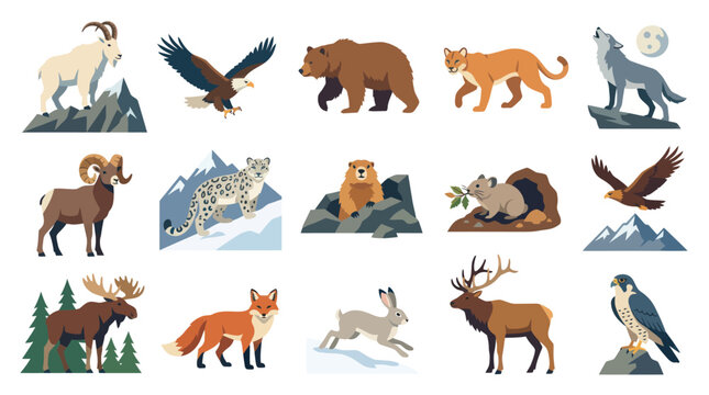 Flat Vector Illustration of Diverse Wild Mountain Animals Collection, Nature Wildlife Mammals and Birds Icons