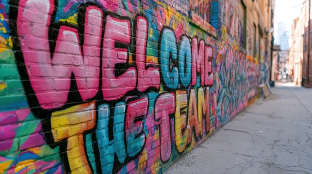 Colorful graffiti on brick wall welcome the team