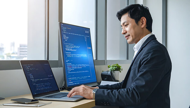 Professional Businessman Using Laptop And Desktop Computer With Multi Screen Setup In Modern Office