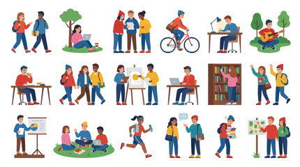 Fototapeta premium Flat Illustration of Diverse Students Learning, Studying, and Socializing