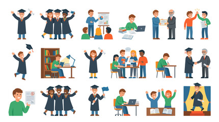 Fototapeta premium Education and Graduation Flat Vector Illustration Set. Academic Students Learning, Success, and Diploma Ceremony