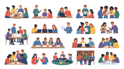 Naklejka premium Diverse Students Studying Together, Collaboration, Education Flat Vector Art