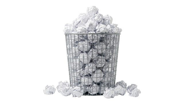 Full metal trash can with crumpled paper isolated on transparent background