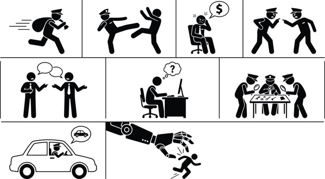 Police law enforcement and crime investigation stick figure icon set showing thief arrest fraud evidence and justice system vector