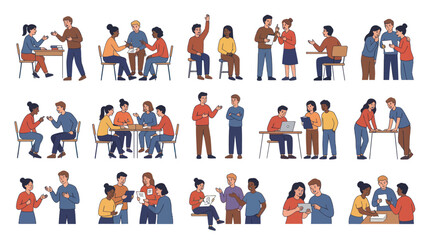 Fototapeta premium Flat Illustration Set: Diverse Business People Communicating, Collaborating, and Holding Meetings
